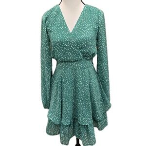 Japna‎ Dress Womens M Medium Green Polka Dot Long Sleeve Tiered Ruffle Smocked